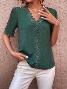 SHEIN LUNE Guipure Lace Trim Puff Sleeve Tee - Green - View 6