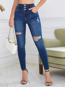 Jeans ajustados desgarro de talle alto - Azul lavado oscuro - Ver 1