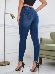 Jeans ajustados desgarro de talle alto - Azul lavado oscuro - Ver 2