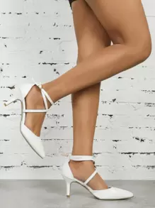 Stiletto Heeled Ankle Strap Pumps - White - View 2