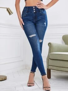 Jeans ajustados desgarro de talle alto - Azul lavado oscuro - Ver 6