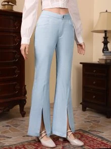 SHEIN MOD Pantalones acampanados de talle alto bajo con abertura - Celeste - Ver 5
