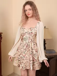 SHEIN MOD Paisley Print Tie Back Lantern Sleeve Dress