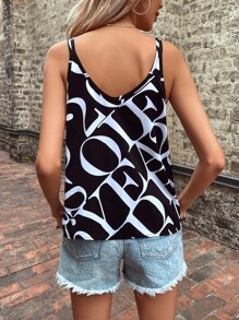 SHEIN LUNE Allover Letter Graphic Chain Detail Cami Top - Black - View 2