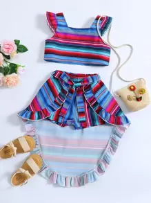 Niñas de rayas ribete con fruncido Top & irregular Shorts - Multicolor - Ver 1