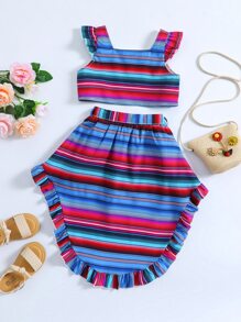 Niñas de rayas ribete con fruncido Top & irregular Shorts - Multicolor - Ver 2