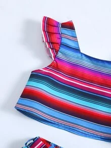 Niñas de rayas ribete con fruncido Top & irregular Shorts - Multicolor - Ver 4