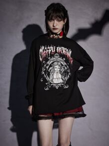 ROMWE Goth Letter Figure Graphic Drop Shoulder Sweatshirt - Black - View 2