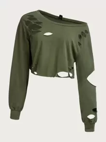 SHEIN ICON Sudadera unicolor desgarro de hombros caídos