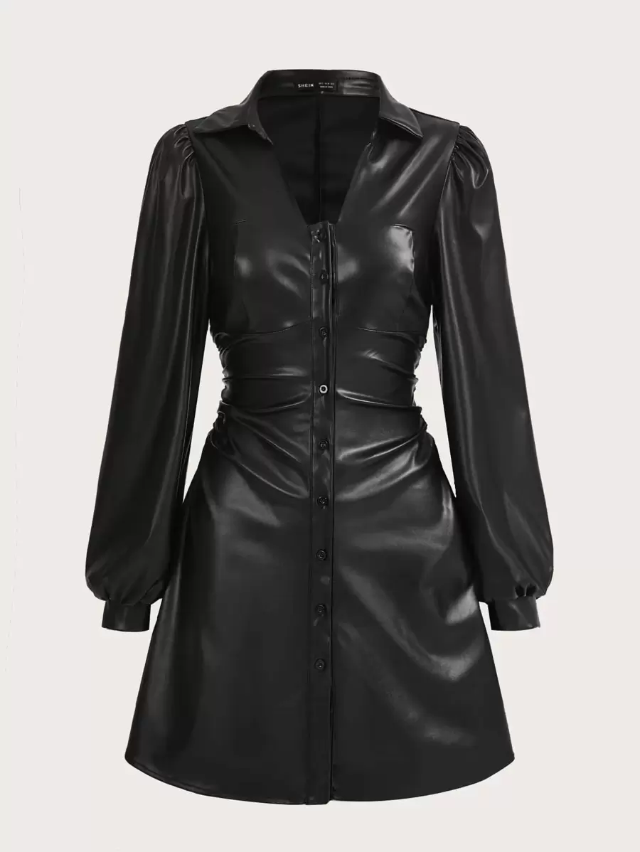 SHEIN Privé 燈籠袖褶邊PU皮革洋裝