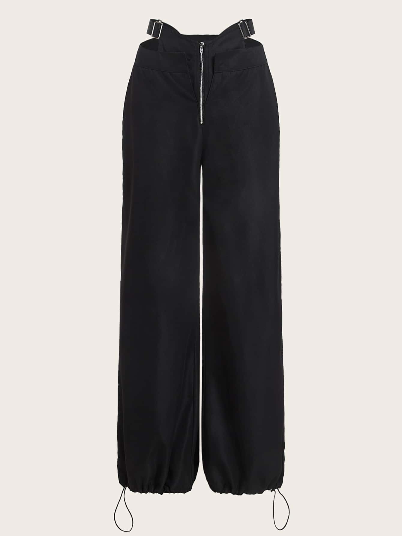SHEIN ICON Cut Out Waist Zip Fly Wide Leg Parachute Trousers - Black - View 1