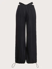 SHEIN ICON Cut Out Waist Zip Fly Wide Leg Parachute Trousers - Black - View 2