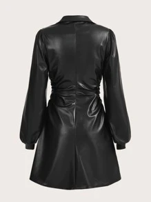 SHEIN Privé 燈籠袖褶邊PU皮革洋裝