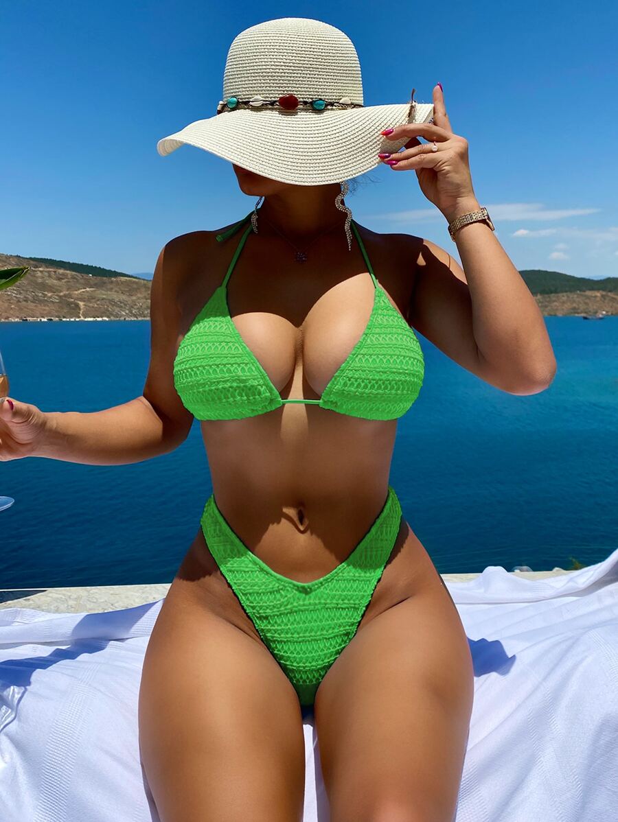Textured Bikini Set Halter Triangle Bra Top & High Cut Bikini Bottom 2 Piece Bathing Suit - Green - View 1