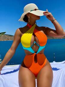 SHEIN Swim Traje de baño de una sola pieza de sujetador con aros y espalda con lazo recortado de bloque de color para la playa de verano - Multicolor - Ver 1