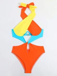 SHEIN Swim Traje de baño de una sola pieza de sujetador con aros y espalda con lazo recortado de bloque de color para la playa de verano - Multicolor - Ver 3