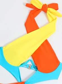 SHEIN Swim Traje de baño de una sola pieza de sujetador con aros y espalda con lazo recortado de bloque de color para la playa de verano - Multicolor - Ver 4