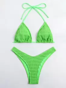Textured Bikini Set Halter Triangle Bra Top & High Cut Bikini Bottom 2 Piece Bathing Suit - Green - View 5