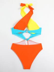 SHEIN Swim Traje de baño de una sola pieza de sujetador con aros y espalda con lazo recortado de bloque de color para la playa de verano - Multicolor - Ver 6