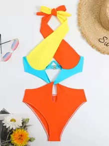 SHEIN Swim Traje de baño de una sola pieza de sujetador con aros y espalda con lazo recortado de bloque de color para la playa de verano - Multicolor - Ver 7