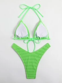 Textured Bikini Set Halter Triangle Bra Top & High Cut Bikini Bottom 2 Piece Bathing Suit - Green - View 6