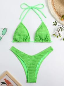 Textured Bikini Set Halter Triangle Bra Top & High Cut Bikini Bottom 2 Piece Bathing Suit - Green - View 7