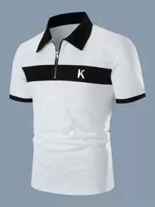 Manfinity Homme Hombres Camisa polo con estampado de letra de cuello en contraste con cremallera cuarta - Blanco - Ver 6