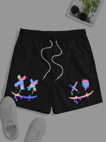 Manfinity Roghcode 男士反光卡通圖案束腰短褲 - 黑色 - 查看 1