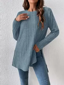 SHEIN Essnce 前短後長下擺開叉長款T恤 - 霧霾藍 - 查看 1