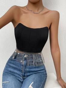 Allurite Fringe Hem Zipper Back Crop Tube Top - Black - View 3