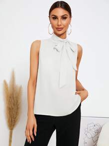 SHEIN Privé Tie Neck Sleeveless Blouse - White - View 5