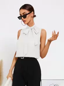 SHEIN Privé Tie Neck Sleeveless Blouse - White - View 6