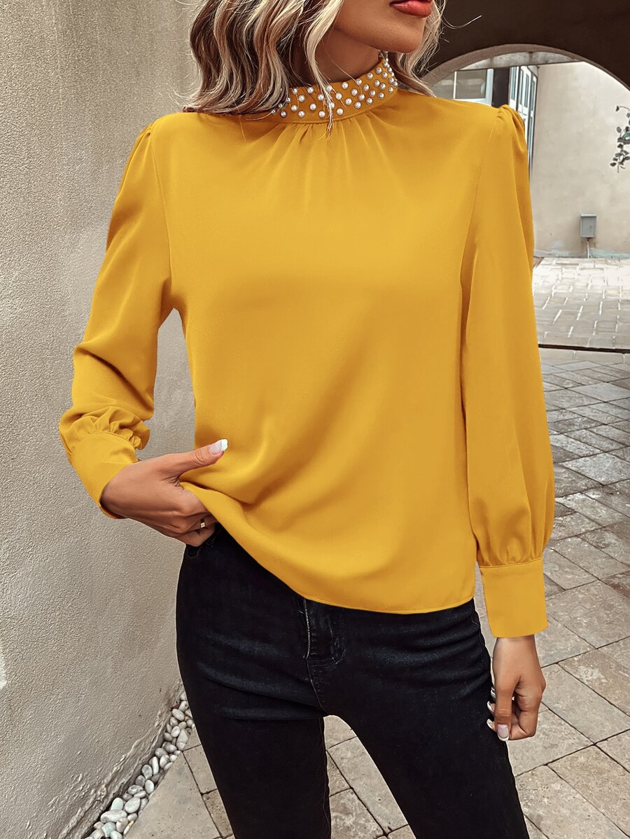 SHEIN LUNE Pearls Beaded Puff Sleeve Keyhole Back Blouse - Yellow - View 1