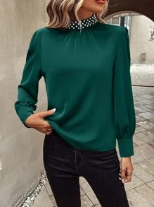 SHEIN Clasi Pearls Beaded Puff Sleeve Keyhole Back Blouse - Dark Green - View 1