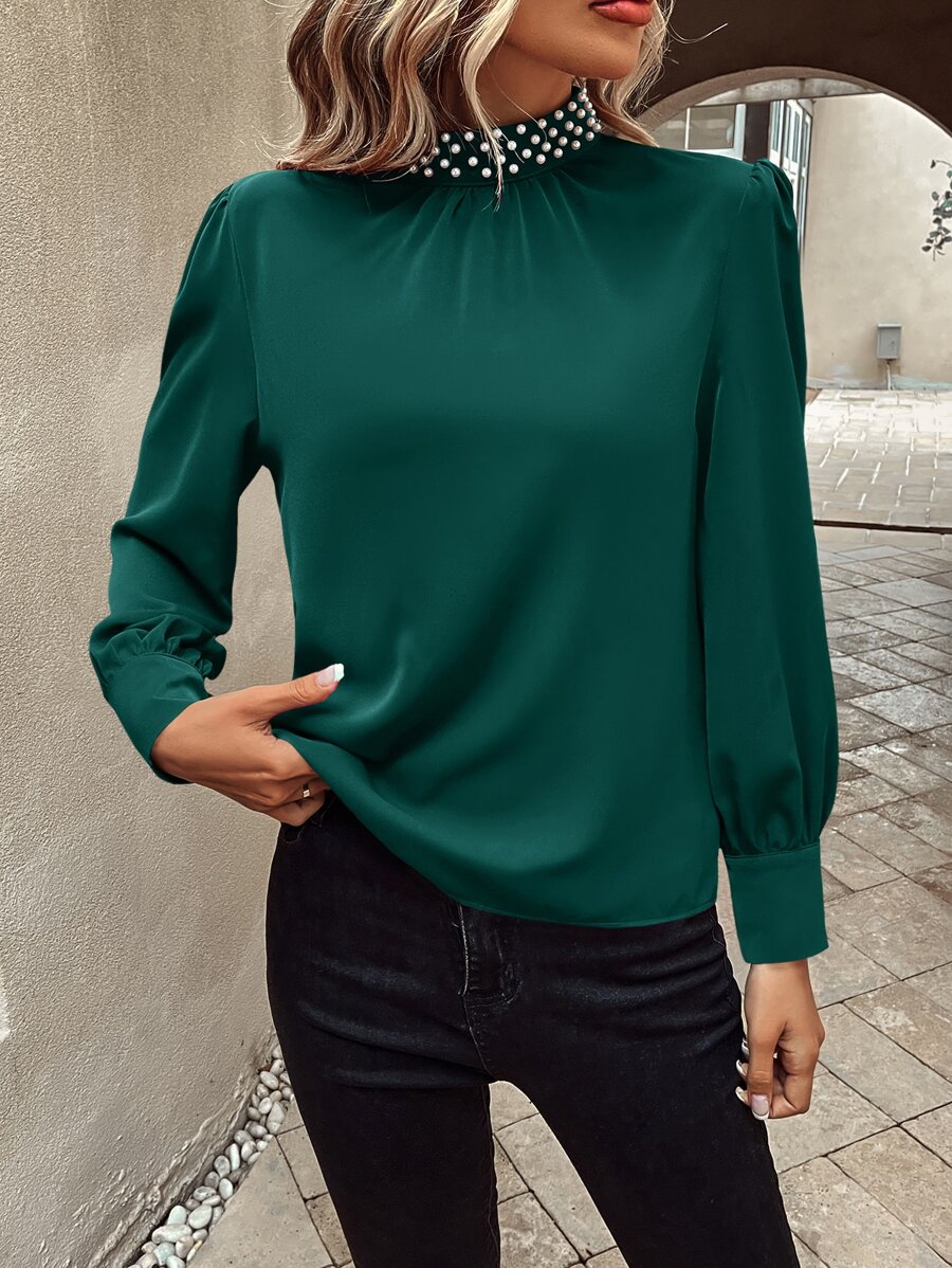 SHEIN Clasi Pearls Beaded Puff Sleeve Keyhole Back Blouse - Dark Green - View 1