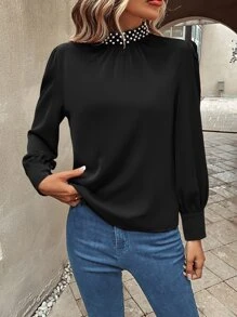 SHEIN Clasi Blusa con cuenta de perla de manga farol de espalda con abertura de ojo - Negro - Ver 1