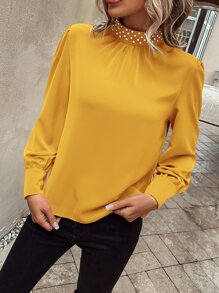 SHEIN LUNE Pearls Beaded Puff Sleeve Keyhole Back Blouse - Yellow - View 3