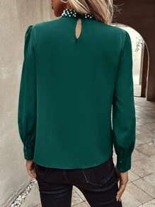 SHEIN Clasi Pearls Beaded Puff Sleeve Keyhole Back Blouse - Dark Green - View 2
