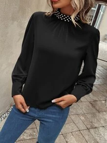 SHEIN Clasi Blusa con cuenta de perla de manga farol de espalda con abertura de ojo - Negro - Ver 3
