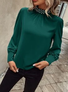 SHEIN Clasi Pearls Beaded Puff Sleeve Keyhole Back Blouse - Dark Green - View 3