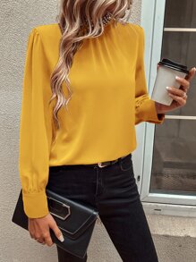 SHEIN LUNE Pearls Beaded Puff Sleeve Keyhole Back Blouse - Yellow - View 5