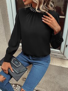 SHEIN Clasi Blusa con cuenta de perla de manga farol de espalda con abertura de ojo - Negro - Ver 6