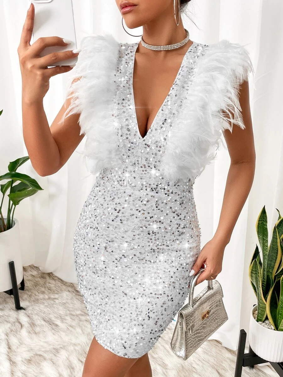 SHEIN BAE 毛茸邊亮片後拉鏈緊身連衣裙 - 白色 - 查看 1