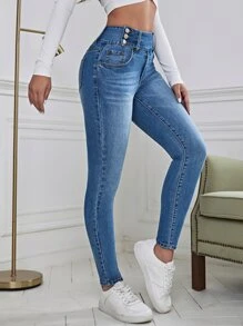 Wide Waistband Skinny Jeans - Medium Wash - View 1