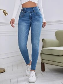 Wide Waistband Skinny Jeans - Medium Wash - View 3