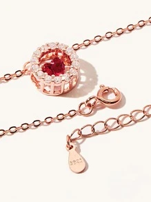 方晶鋯石愛心裝飾圓形吊飾銀項鍊 - 玫瑰金 - 查看 6