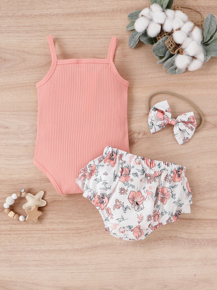 Bébé Body à fines brides à bouton & Short fleuri à volants & Bandeau accessoire - Multicolore - Voir 2
