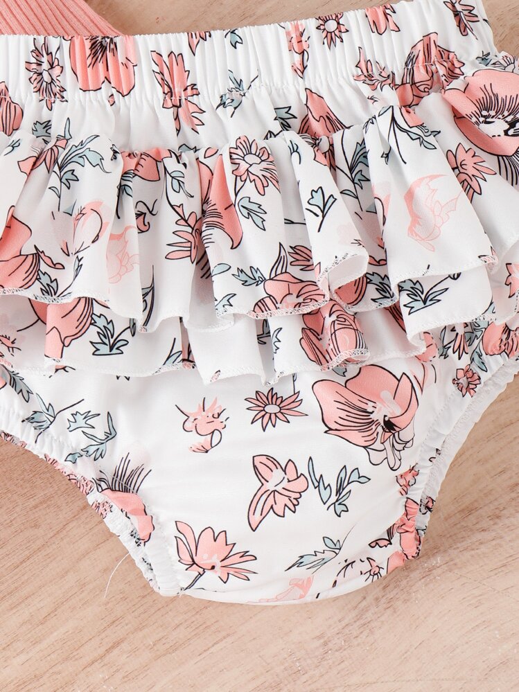 Bébé Body à fines brides à bouton & Short fleuri à volants & Bandeau accessoire - Multicolore - Voir 3