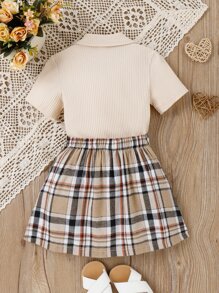 SHEIN 年輕女孩弓型t恤和格紋百褶裙 - 彩色 - 查看 2