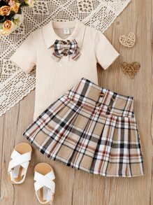 SHEIN 年輕女孩弓型t恤和格紋百褶裙 - 彩色 - 查看 4